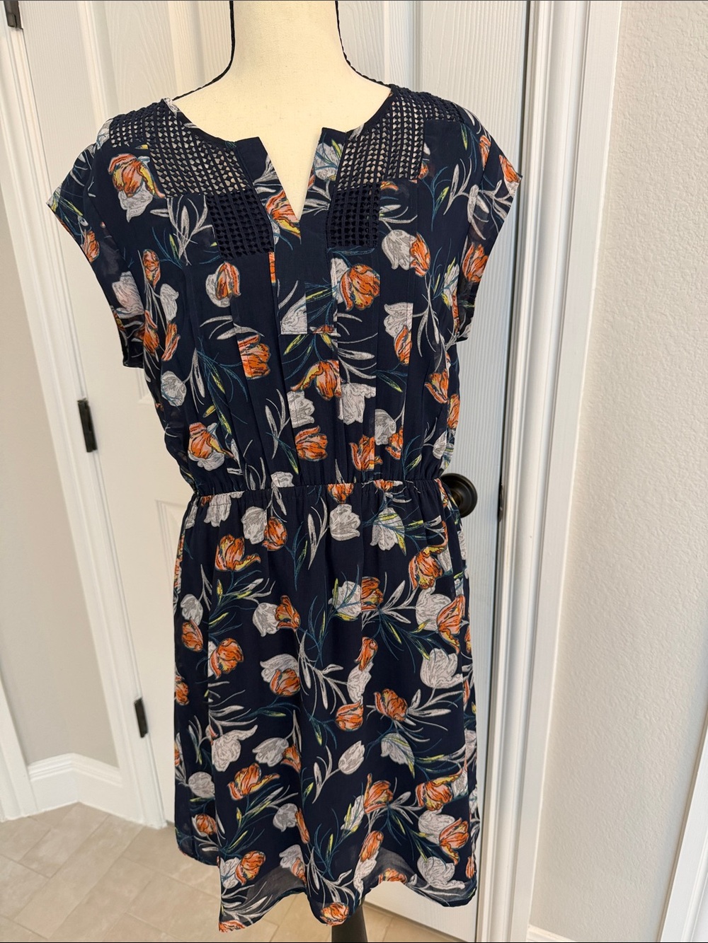 Daniel Rainn Navy Floral Cap-Sleeve Mini Dress with Crochet Yoke